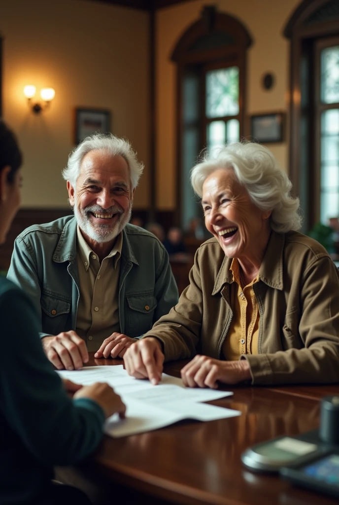TWO ELDERLY BRAZILIANS SMILING WHILE TAKING OUT A LOAN AT THE BANK CINEMATOGRAPHIC FRAMING