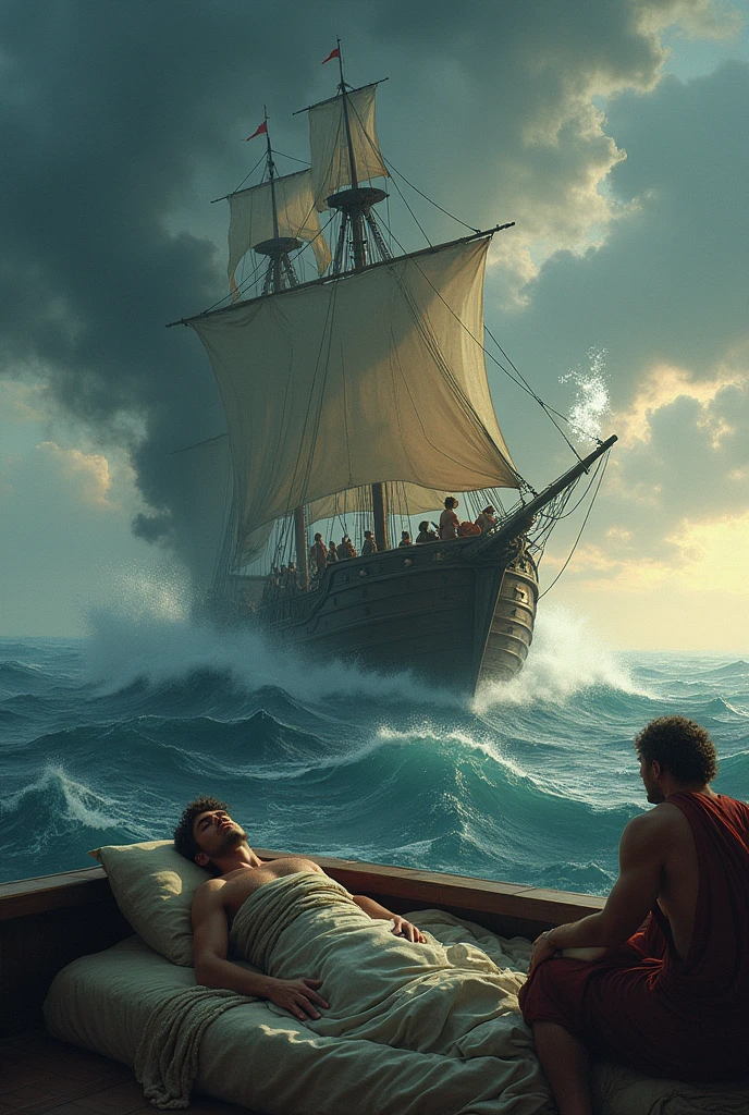 Odysseus is asleep on the ship while two of his men open a large bag, with winds coming out of it and pushing the ship into a storm.
And a big bag
