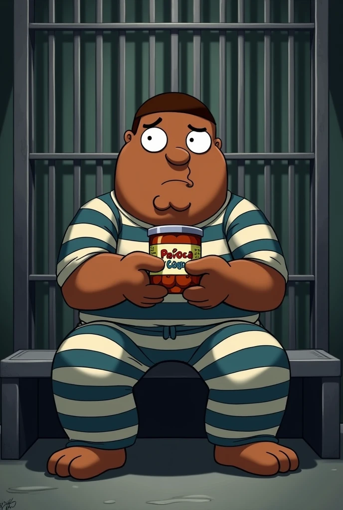 clearing, imagine Cleveland Brown na cadeia, wearing a typical striped prisoner uniform. He is sitting on a metal bench, with a thoughtful look. in your hand, he holds a jar of paçoca, a comical contrast to the environment around it. The cell bars are behind him, and the expression on his face is a mixture of resignation and pleasure, while he savors the paçoca.
