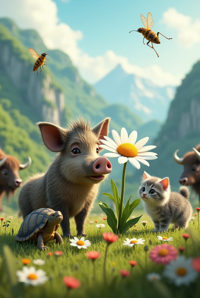 A small boar with a large daisy flower with a cicada, next to a turtle, a buffalo and a gray and white kitten with a furry tail. In the background a green mountain with small flowers and lots of grass