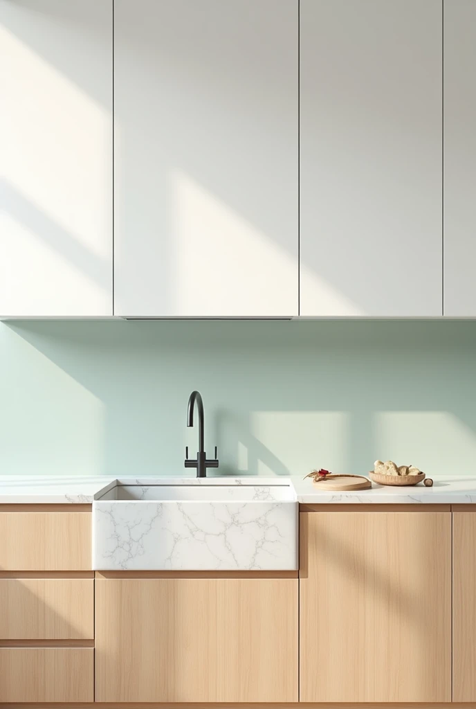 Small kitchen cabinet, white on top and wood on the bottom.

With white marble countertop, Rectangular tile sink vertically, light water green behind 