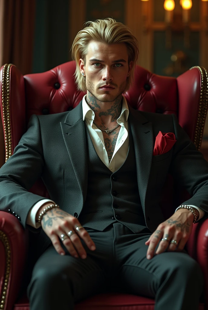 A handsome young mafia man with white skin, tall, blond hair, green eyes, a hot, sexy, toned body with tattoos and piercings, sitting in an armchair wearing a white shirt with the buttons open.