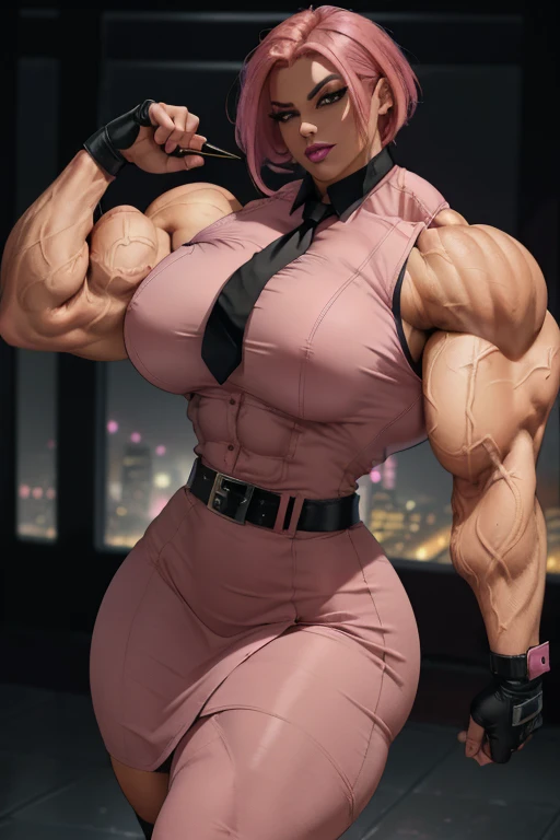 ((Close-up)), tall, (shocking pink hair), beautiful muscular woman, angled bob cut, brown skinned, closed smile, large breast, (black lipstick), (massive muscles), (hyper muscle), ((ginormous bulky muscles)), red eyes, (((sleeveless pink buttoned dress shirt))), ((black pencil skirt with belt)), (fingerless gloves), (necktie), (leggings), college rooftop, 