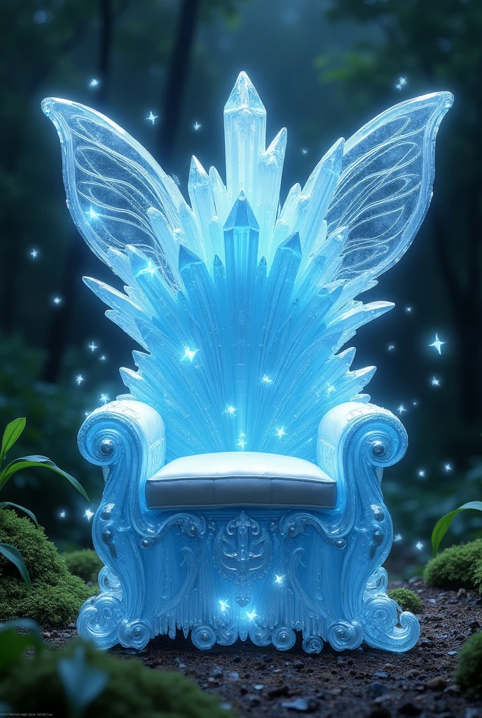 Enchanted chair, throne style, with a seat cushion type cushion, celestial throne type, made of light blue crystals, with firefly lights, with a large backrest in the shape of magical butterfly wings. Designed for your place like an enchanted forest. With many delicate details, that seems fragile, of glass and magic
