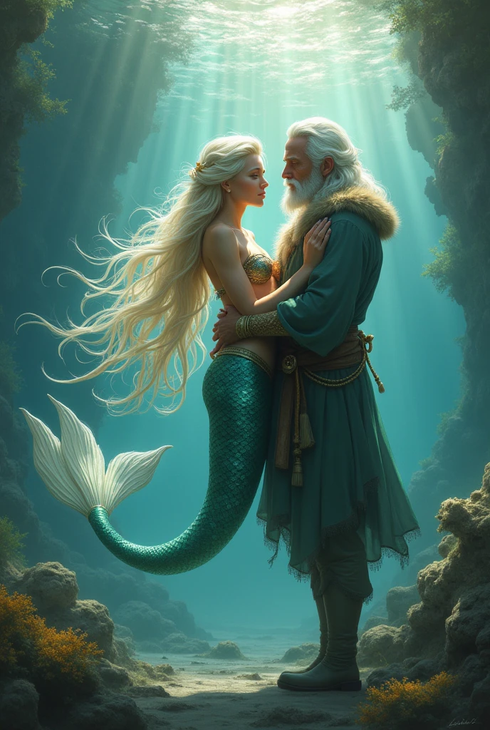 A woman looking like Iara, mermaid of Rio with an elderly man with white hair with her. 