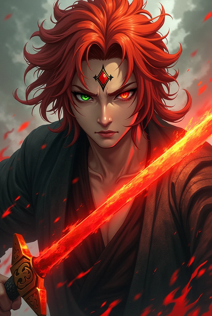 A character from Demon Slayer Who has the Hunter's Mark on his forehead Is blind in his left eye Red sword Hair like Kyojuro Rengoku Breath of the Sun Green eye Hair