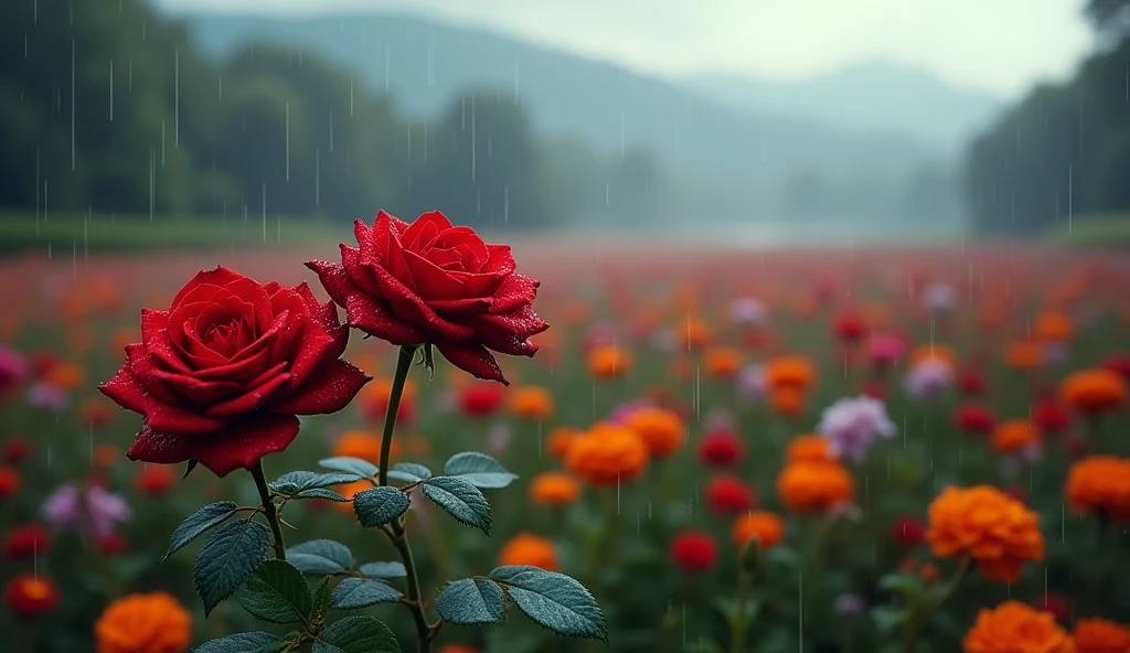 (best quality,4k,8k,highres,masterpiece:1.2),ultra-detailed,(realistic,photorealistic,photo-realistic:1.37),2 red roses in the foreground,field of vibrant flowers,rain falling,dramatic lighting,lush colors,intricate details,beautiful landscape,cinematic composition,serene atmosphere