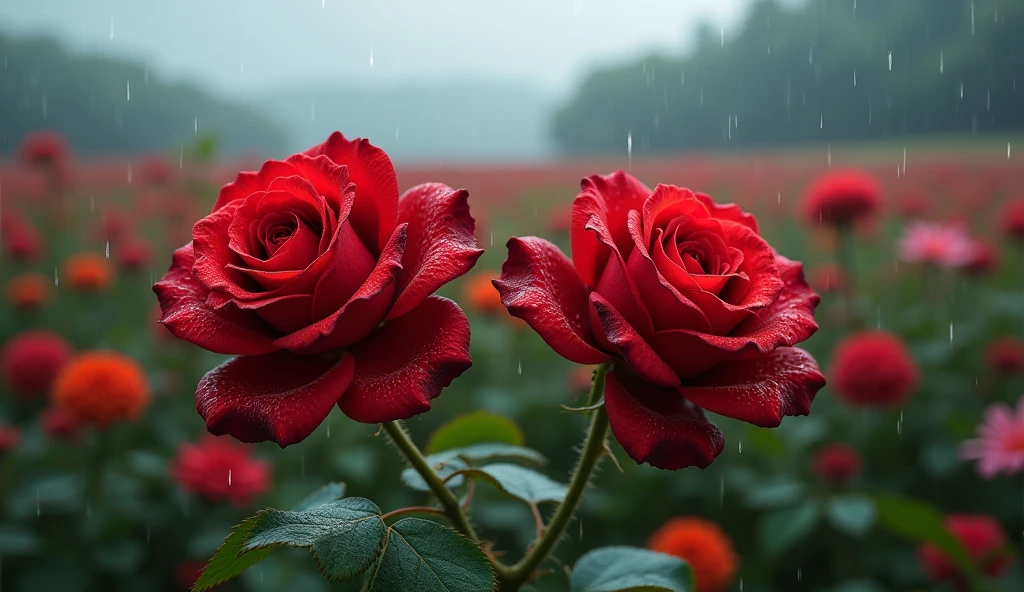(best quality,4k,8k,highres,masterpiece:1.2),ultra-detailed,(realistic,photorealistic,photo-realistic:1.37),2 red roses in the foreground,field of vibrant flowers,rain falling,dramatic lighting,lush colors,intricate details,beautiful landscape,cinematic composition,serene atmosphere