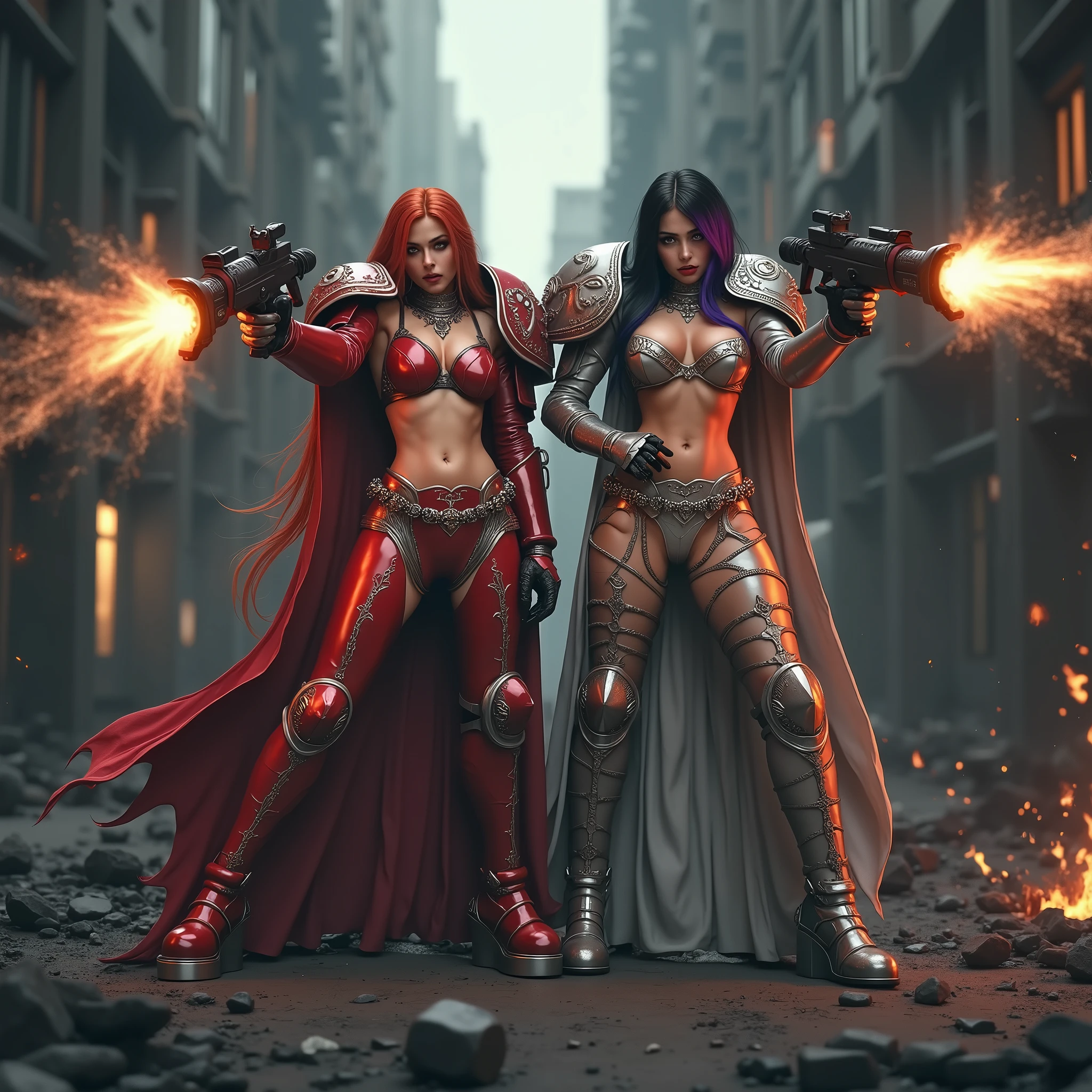Full body pose sexy sisters of battle from the warhammer 40k, shooting at the enemy, red space marine armor with intricate details, black space marine armor with intricate details, symbols on the armor, sisters of battle, warhammer 40k, Massive exposed silicone breast, pale skin, seductive, temptation, eat your soul, clevage, long red flowing hair, long black flowing hair with purple highlights, heavy gothic makeup, at night, neon, beautiful detailed eyes, beautiful detailed lips, extremely detailed eyes and face, long eyelashes, highly detailed armor, intricate futuristic weaponry, dramatic lighting, cinematic composition, muted color palette, gritty and realistic, mecha, science fiction, hyper-detailed, photorealistic, award winning digital art, 8k, HDR, masters work, in the middle of a battle field, full body combat action pose, explosions and fire around, full war, stunning, Stilleto heels, high heels, full body pose, cinematic, movie trailer, final stand!, nemesis, ready to strike, dust and debree, combat screams, attacking, shooting at the enemy, running forward, last line of defense, charging, fanatic, religious, templar knights, sisters of battle, warhammer 40k, shooting at the enemy, bimbo gigantic exposed breast, jetpacks, space marine, stilleto heels, cinematic light, cameltoe pussy, beautiful pussy, wet pussy, wet body, oiled body, gigantic exposed breast, shooting at the enemy