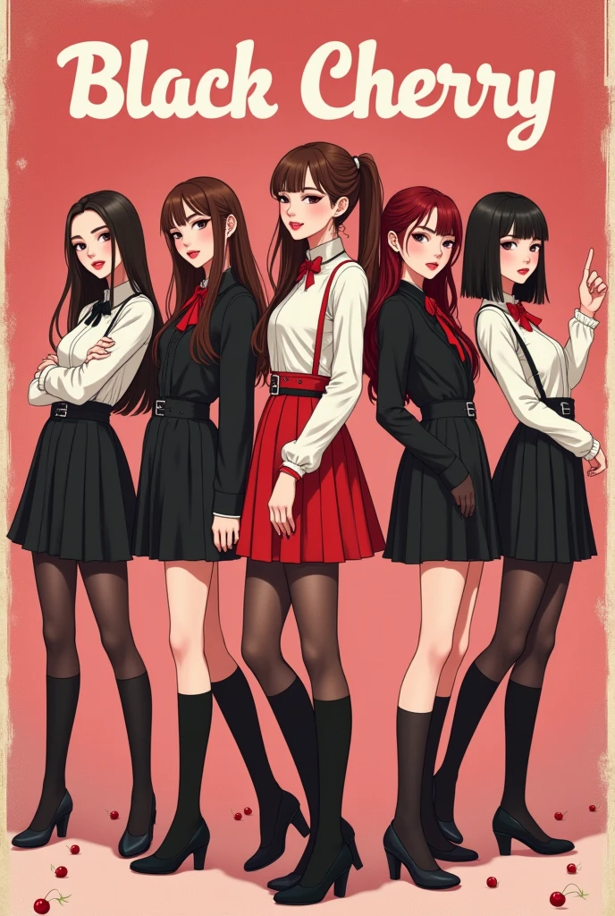 create an animated image,of a kpop group with five members (backwards), one with dark brown hair, another with light brown hair,another one with dark red hair,another one with black hair, and another with black hair tied back. The group is called blackcherry, Its concept is black and red cherries and its representative colors are black and red., The group has a retro concept, soft y girl crush (poster style) las chicas se encuentran backwardss