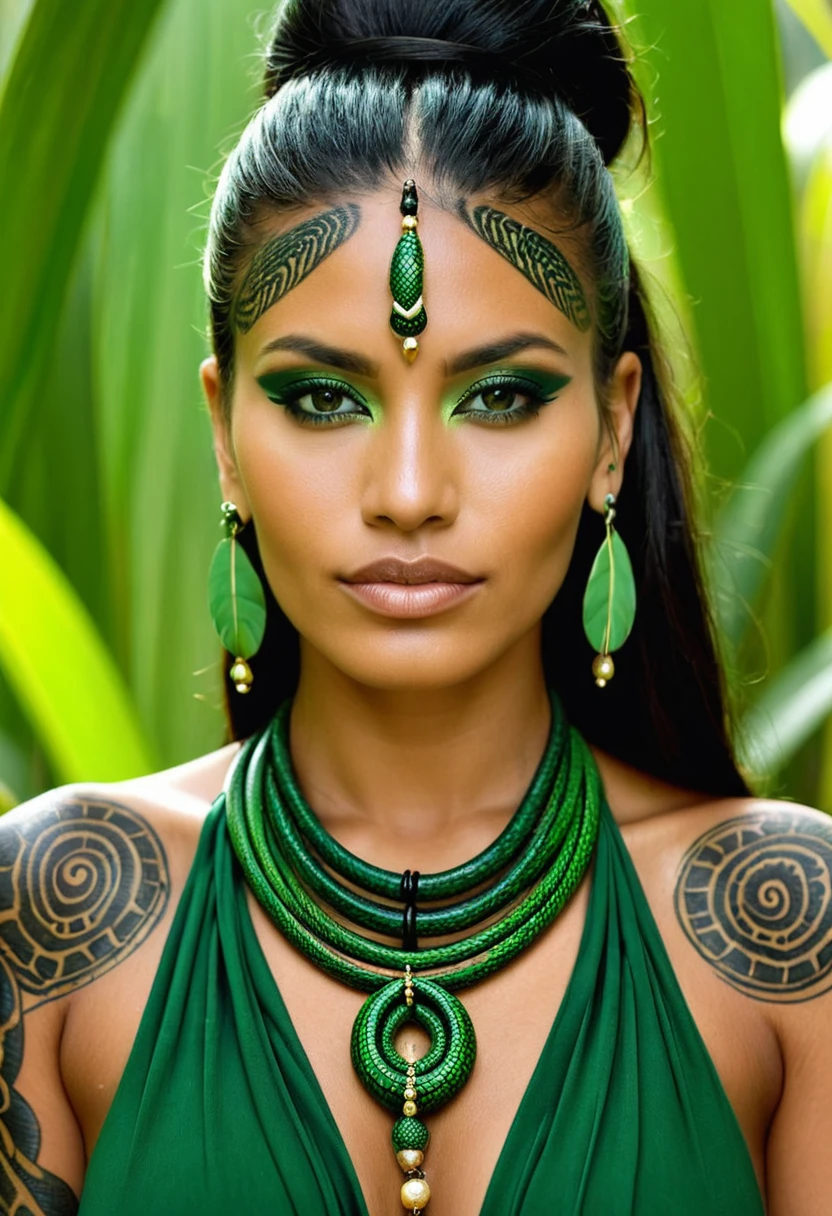 very beautiful woman with features of a beautiful Brazilian indigenous woman, wearing a dark green dress and jewelry that reminds us of snakes, her skin is covered in tribal tattoos that allude to snakes.