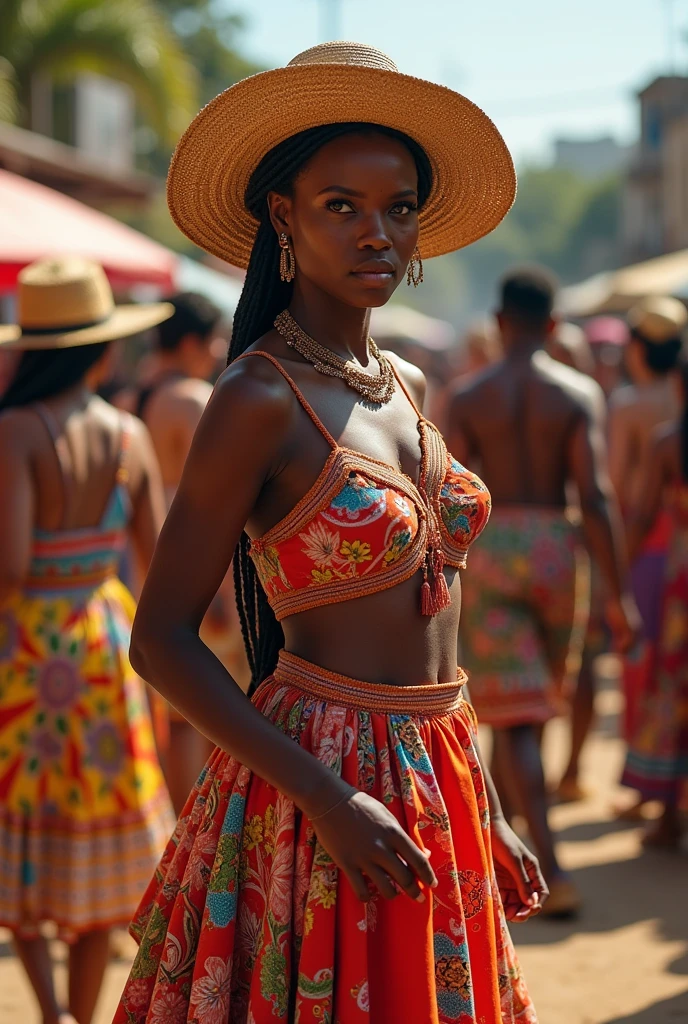 ((Melhor qualidade)), ((obra de arte)), (detalhado), mulher negra, tribal, vibrant and characteristic colored clothing, carrying a pot of water, ao fundo uma grande cidade 