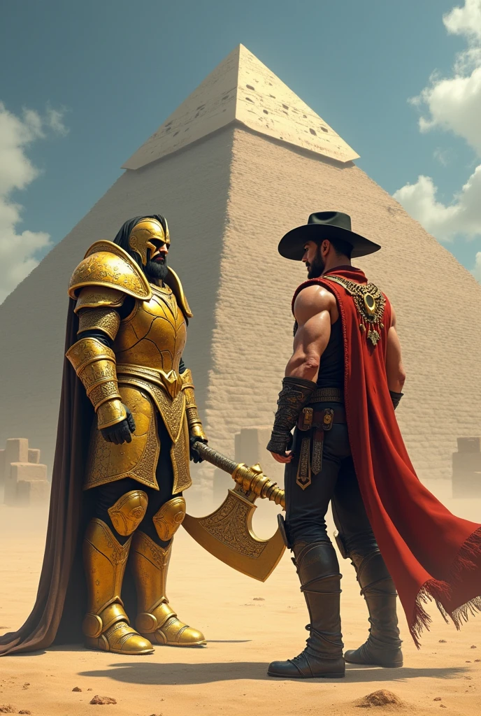 A tall, strong, big man with a golden Dark Souls-type armor and a colossal golden axe. Take off his helmet and put him in front of a pyramid next to a tall, strong man in gigachad clothes posing with his cowboy hat.