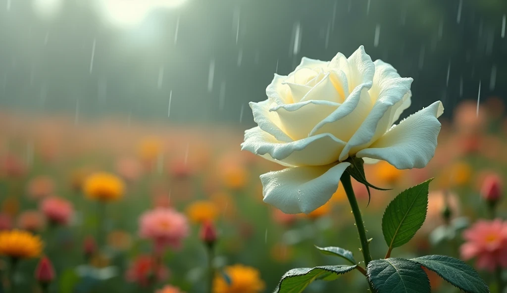 2024; (masterpiece, best quality) white rose in the foreground; field of flowers.  rain falling

