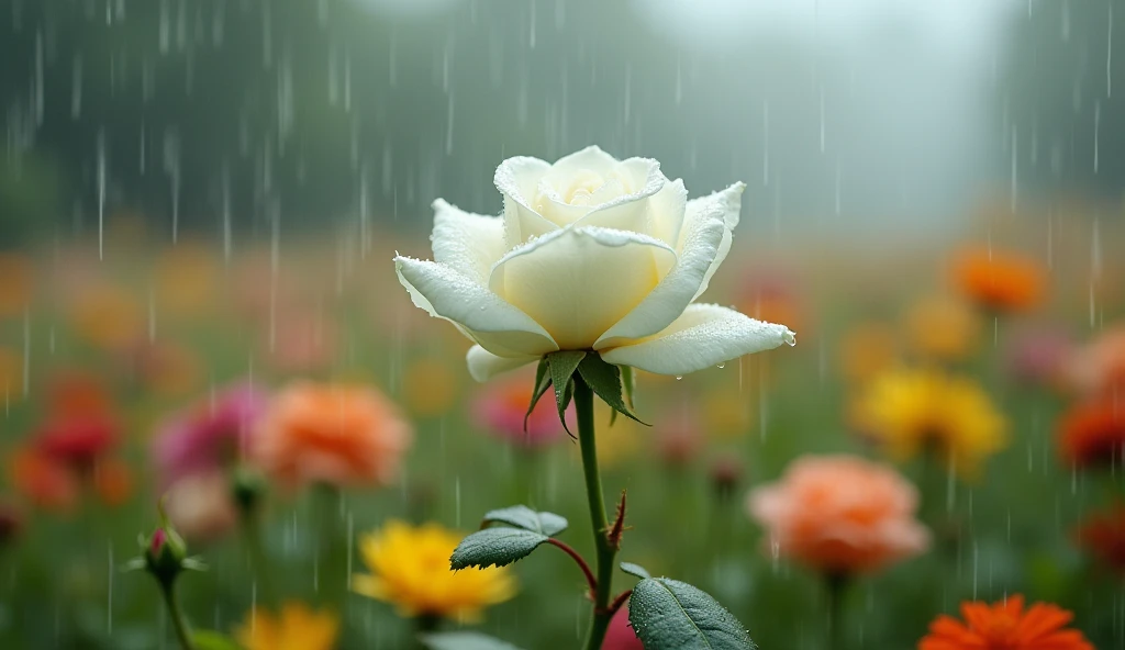 2024; (masterpiece, best quality) white rose in the foreground; field of flowers. rain falling