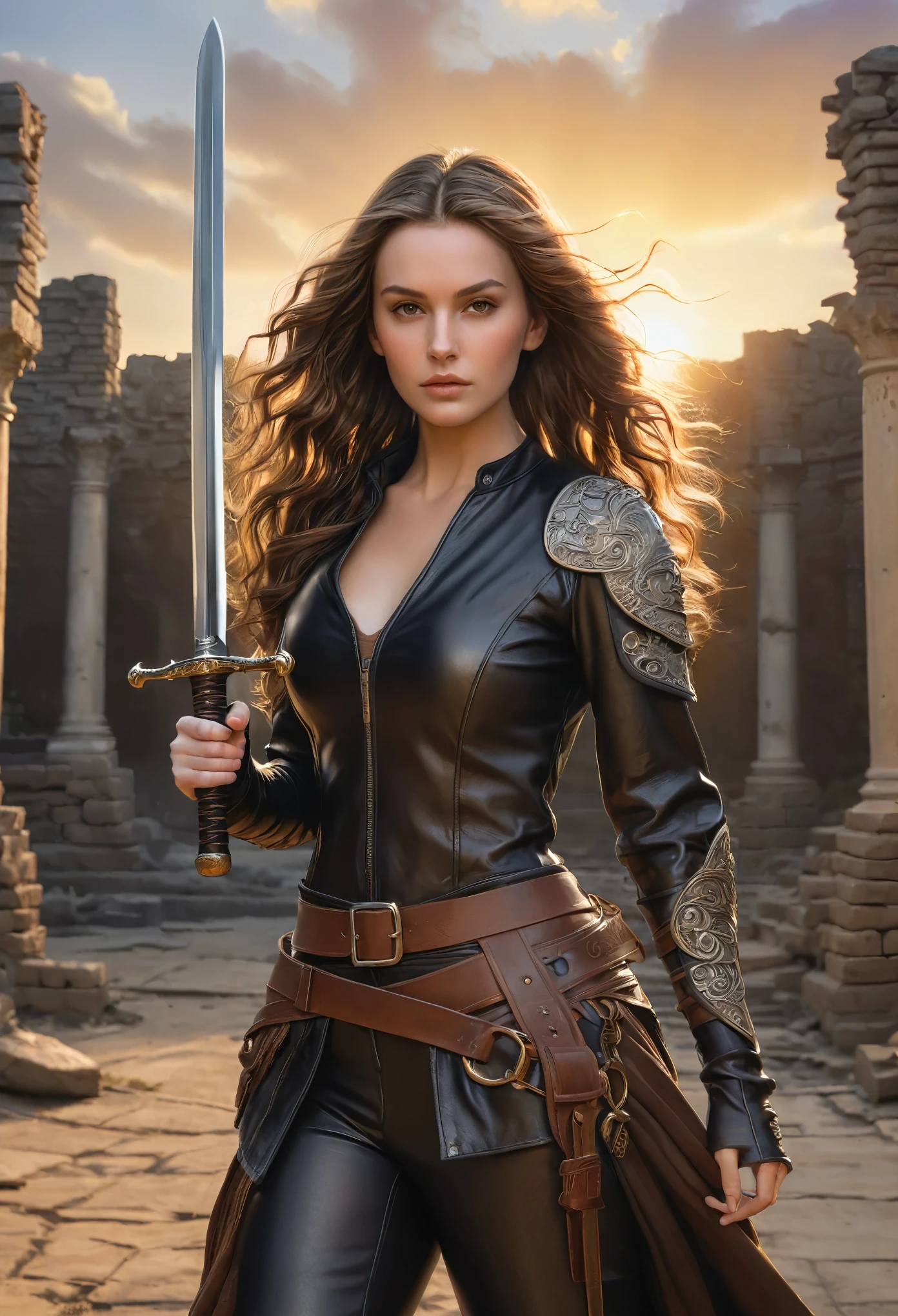 warrior woman sword in hand brunette fair skin wavy hair (fully body) from head to toe realism richness of detail realistic hands five fingers leather clothing worked with details ruins behind sun setting behind