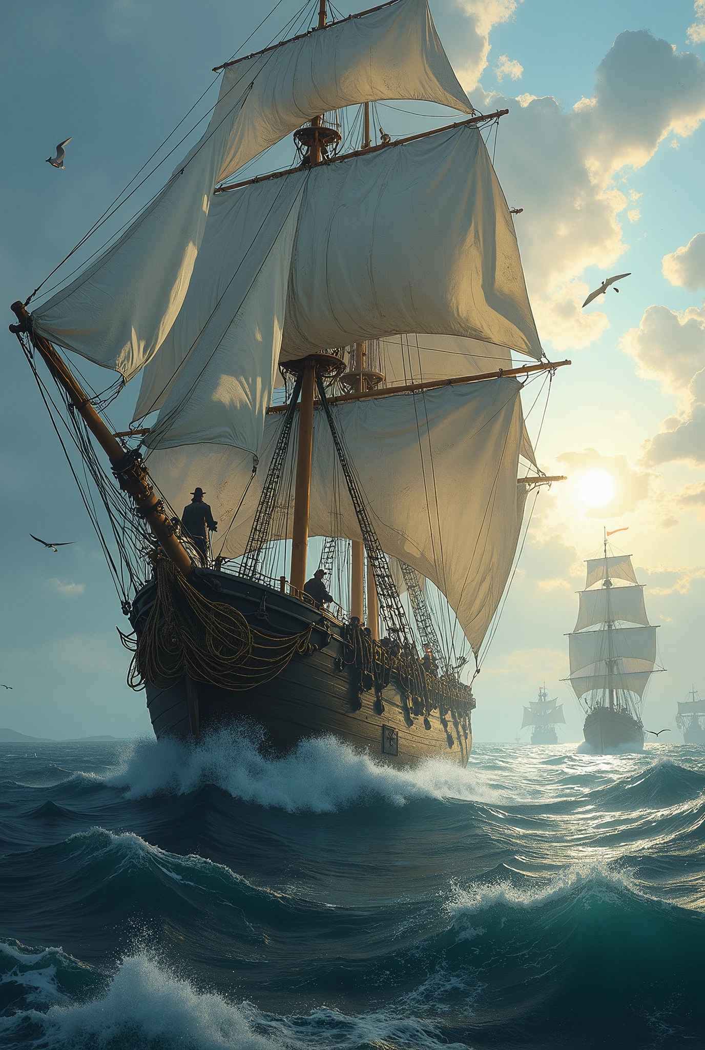 a sailing ship in the middle of the sea with a brave captain who braved the waves and ran away from enemy ships