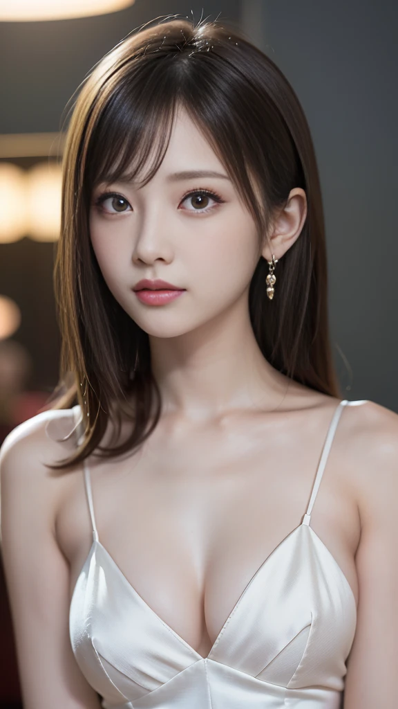 ((((masterpiece、Highest quality、High resolution、Tabletop、wallpaper、Realistic、Bright lighting、Professional Lighting、Face Light、Smooth lighting、Japanese women、Beautiful woman、action、gravure、sexly、so beautiful、Beautiful Skin、Beautiful and exquisite、Detailed face、slim:1.5))))、((Big Breasts:1.4))、((((Japanese,20-year-old,One Woman:1.5)))),smile,Close mouth,accessories, Earrings, Luxury Lounge,evening gown,dress,cabaret girl, hostesses