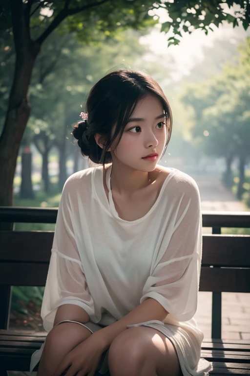 A young Asian woman sitting alone on a park bench, gazing into the distance with a wistful expression, sad, lonely. Soft, dreamy lighting. Cinematic composition. 8k resolution, hyper-realistic style. Cinematic lighting, high detail, 8K, artstation, conceptual art, dark fantasy. Photo taken with Canon EOS R5 85mm f/11 camera, sharp mode. 8K picture quality, realistic, masterpiece, sharpest and highest contrast, excellent depth of field, stereoscopic light.