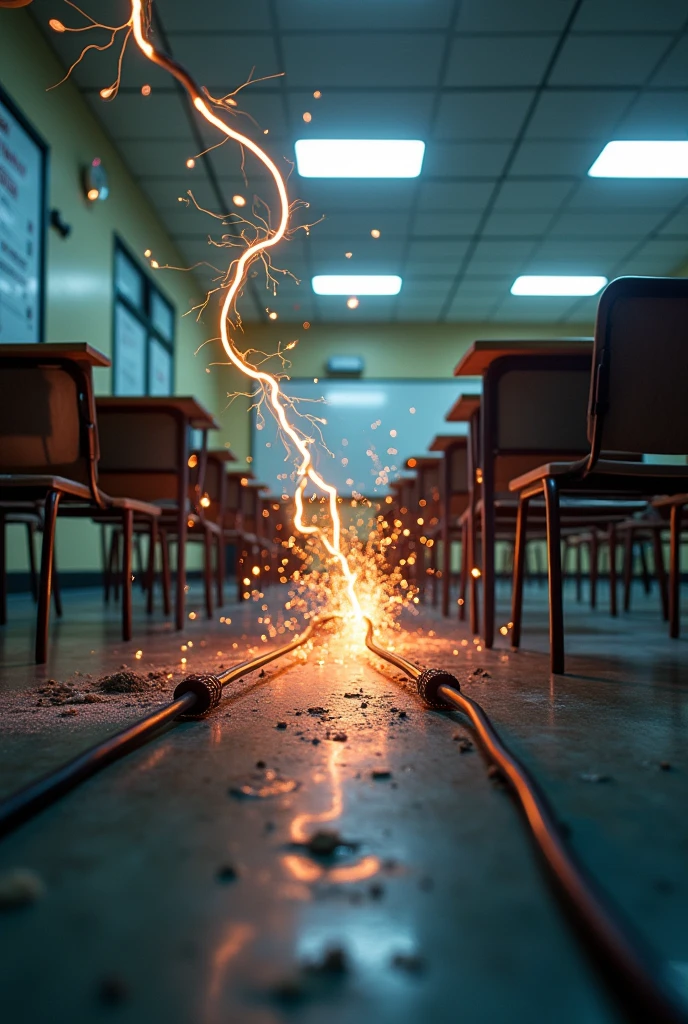 It shows exposed wires with electricity in the classroom from a lying angle the photo is