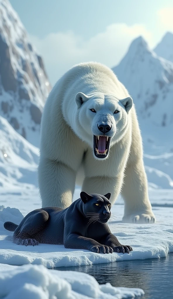 "A polar bear standing on a snowy landscape, roaring with its mouth wide open, next to a black panther lying down on the snow. The background features an icy mountain and cold water, capturing the harsh and cold environment."