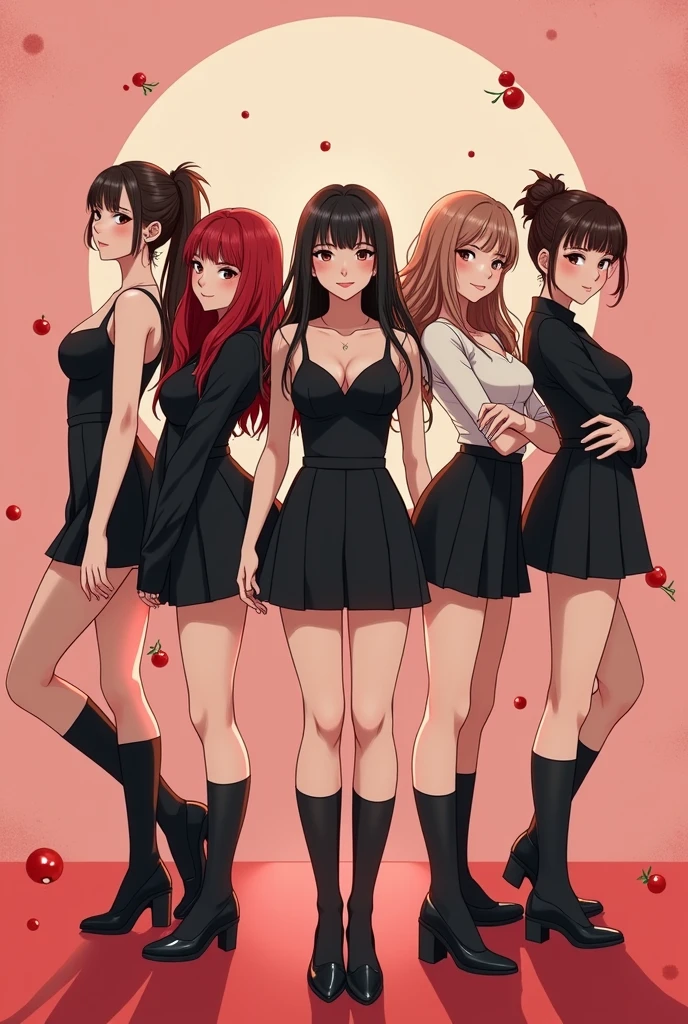 create an animated image,of a kpop group with five members (backwards), one with dark brown hair, another with light brown hair,another one with dark red hair,another one with black hair, and another with black hair tied back. The group is called blackcherry, Its concept is black and red cherries and its representative colors are black and red., The group has a retro concept, soft y girl crush (poster style) las chicas se encuentran backwardss 