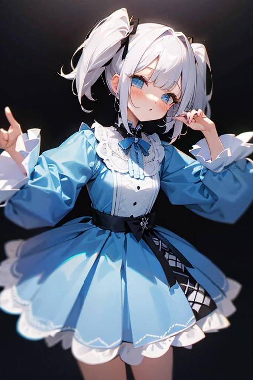 Short white hair, blush, Lace dress、Punk Fashion、Headbang 2.、Blue clothes、Twin tails