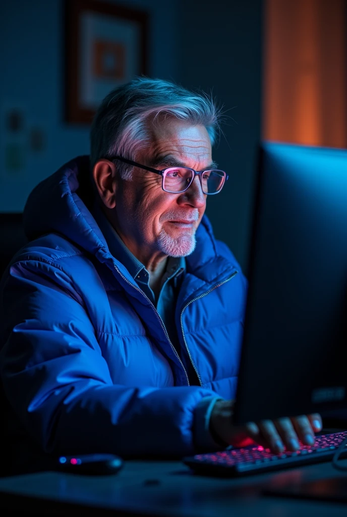  A man 50 years old with blue jacket playing free fire in PC in a dark all lights off only PC screen light flex in his face