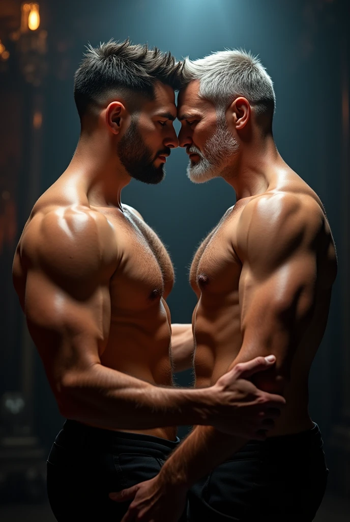 masterpiece, gay couple, two men, 60s and 20s, pretty faces, athletic bodies, big pecs, hairy armpits, short facial hair, anal sex, stage, kpop idol, hentai yaoi