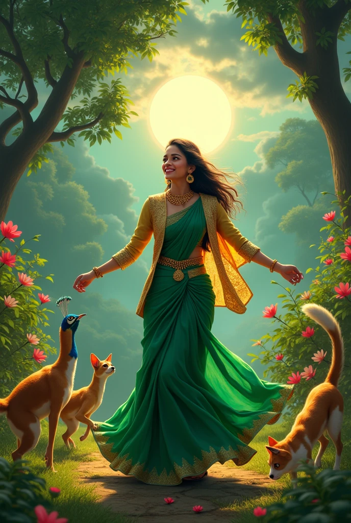tmasterpiece,Ultra-high sharpness,A beautiful woman in a sari walks past a lotus pond, The body is beautiful and attractive,The background is a dense jungle that reveals layers of light and shadow,In the distance, A prince came,In the daytime, Bright colors,Bright colors, fantasy painting of,ponds,