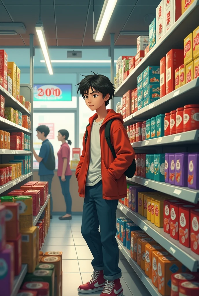 Write about a young person struggling to stock products at a convenience store.
