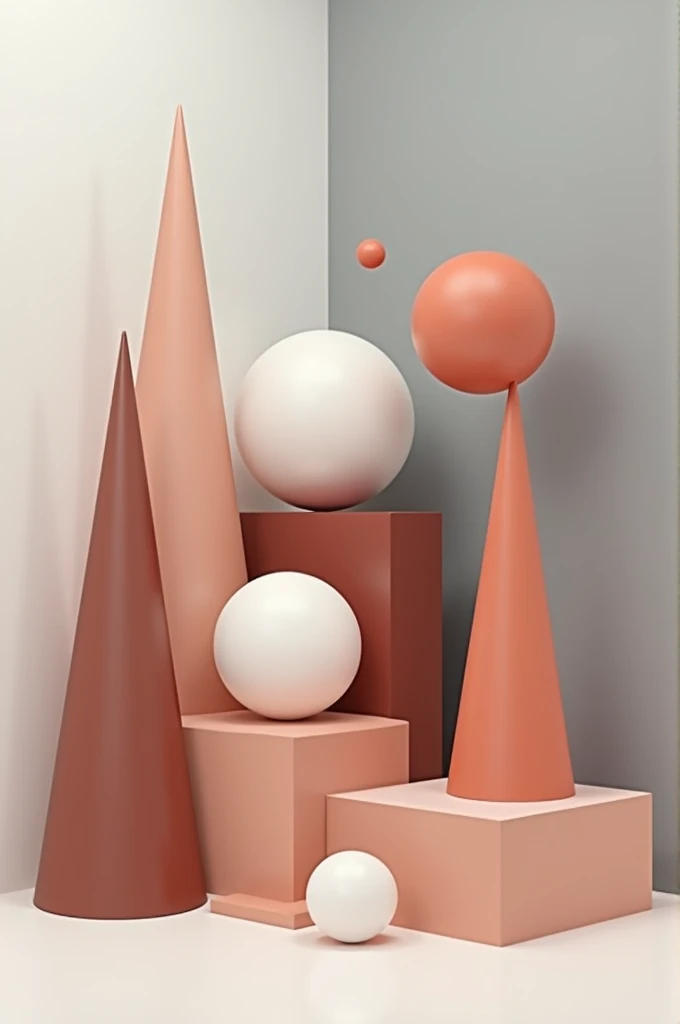 Composition of three-dimensional figures of cones, cubes and spheres on graphic design