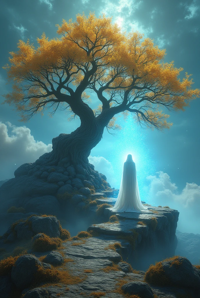 Surreal, fantasy-style digital artwork featuring a mystical landscape. The layout centers on a large, ancient tree with gnarled branches and golden leaves, standing atop a rocky hill. Beside the tree is a spectral figure shrouded in a flowing, ethereal cloak, emitting a radiant blue aura. The background is filled with swirling clouds and a vibrant, otherworldly sky, illuminated by a bright, glowing light source. The scene is enveloped in a misty, dreamlike atmosphere, with small, glowing particles scattered throughout the air, enhancing the magical ambiance.UHD, 4K, super detail, anatomically correct, highres