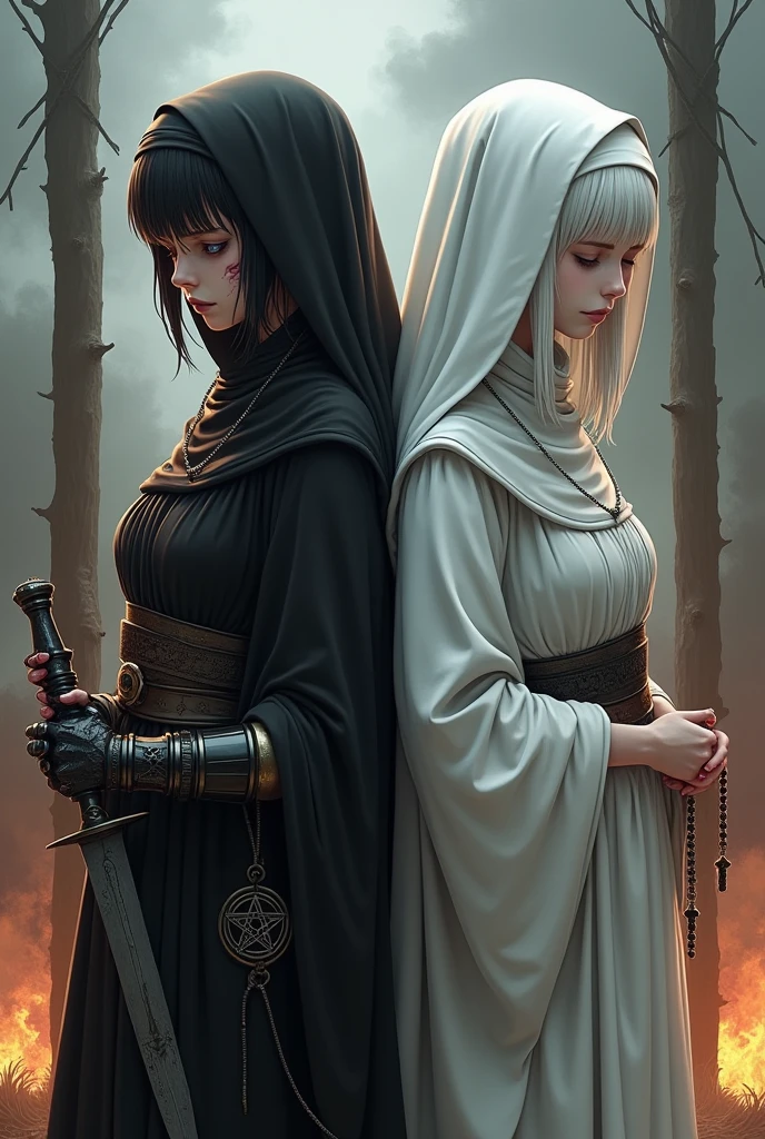 Two pale girls from the middle ages, back to back, the left with violet eye, short black hair, black alchemist robes with technology, cut on the face, steampunk left arm prosthesis, with pentagram and dagger, with a look of suffering, right with white nun clothes, long white hair, eyes closed holding a rosary, with a bonfire execution in the background