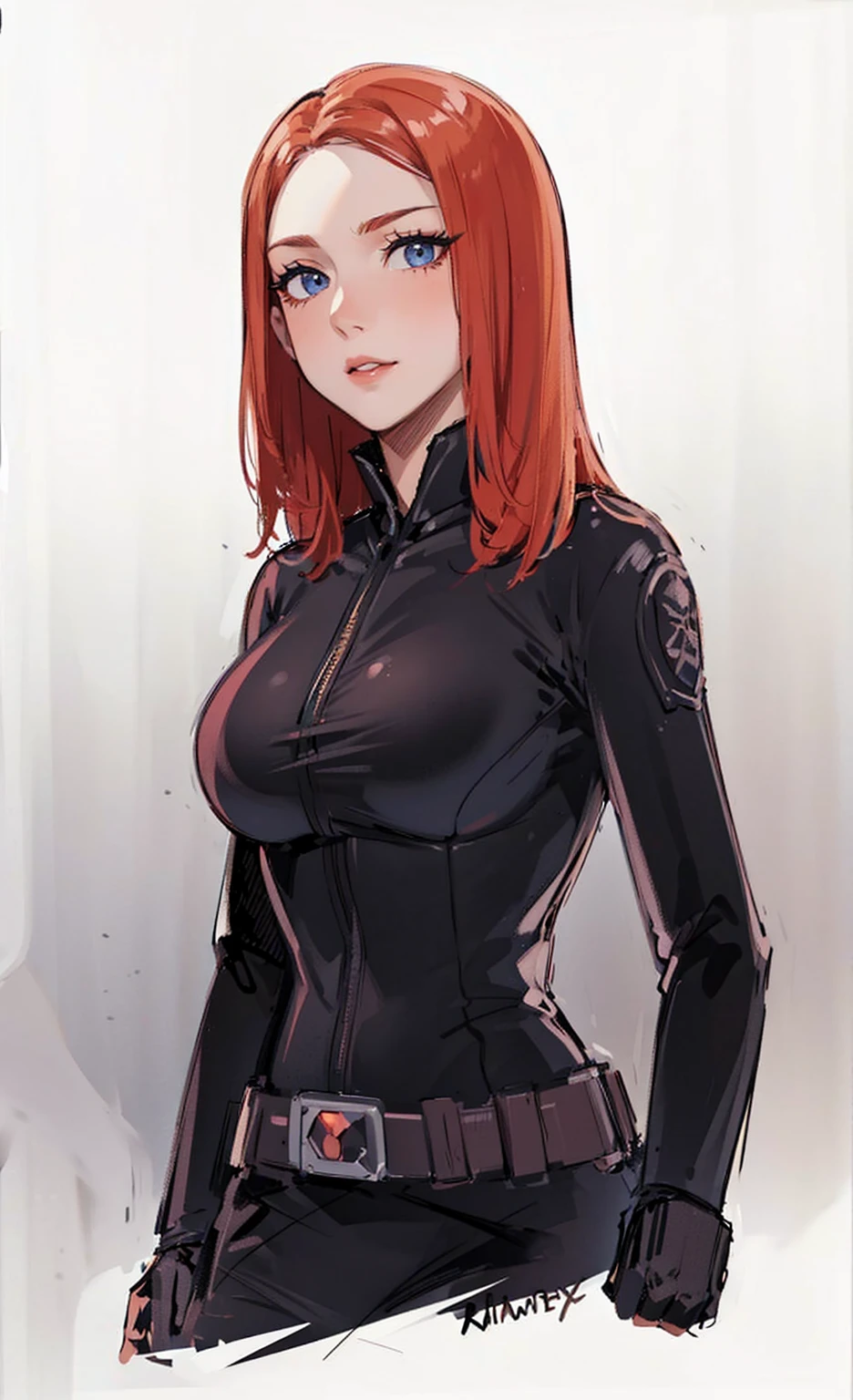 The image depicts Black Widow. She is illustrated with bright red, shoulder-length hair and blue eyes, and is clad in a sleek skin-tight shiny black latex bodysuit with a black silver zipper running down the front. The suit is complemented by her shiny iron wrist guard on both wrists and a metal belt with a buckle that features a red hourglass mark. Her gaze is intent and directed off-screen, implying alertness and focus on an unseen threat or target. She appears with a cute smile on her face. The atmosphere of the image conveys confidence and resilience, characteristics synonymous with the Black Widow persona. The background of the image is an off-white color, which creates a subdued and timeless ambiance.