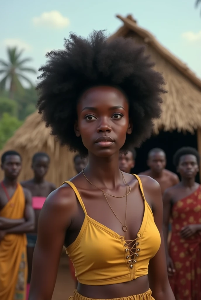 Generate an image of dark black curvy young lady Afro hair with dreams of a luxury life standing in front of a hut with people surrounding her