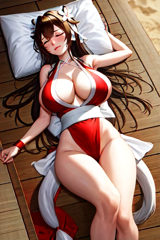 masterpiece, best quality, beautiful art, high resolution, well formed hands, body and fingers, 1 woman, solo, Kashino, red makeup, red lipstick,adult, grown up,  cosplaying as Mai Shiranui , mai_shiranui_cosplay, adult, large and big breasted, cleavage, full body , hair ribbon, gorgeous legs and, thighs, sexy Japanese clothes, hair ornament , sexy and bare legs , hips and thighs, panties peek, ryona,in peril, she is defeated, knocked out, passed out, closed eyes, fainting, exhausted, unconscious, laying down on the sand, extended exposed body, full body on the sand, breathing heavily, sexy smirk on her face, bouncing breasts, sexy defeated and KO pose, defeat and KO scene, fallen beauty, martial arts tournament with beach environment 
