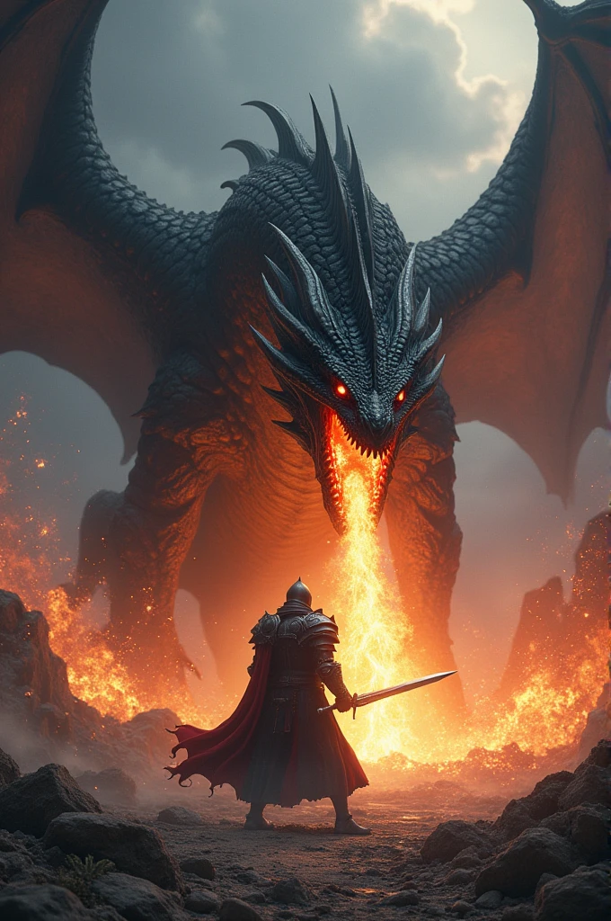 Black dragon throwing fire fighting with knight