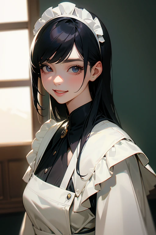 (Highest Resolution, clear_image) Highest quality, single, One woman, alone, masterpiece, Very detailed, Semi-realistic, Black Hairのショートヘア, Black Hair, bangs, 1, mature, Light blue , Indoor Background, kind, Authoritative, Powerful, exquisite features, exquisite features、Eyelashes become longer、Showing teeth、smile😀、Maid clothes、woman'Fingers in the、Sleeping on the sofa、Long Hair、Fluttering in the wind、((Change of clothes)).