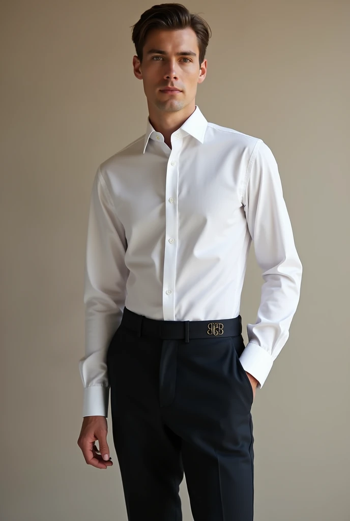 "Design a refined and luxurious men's outfit consisting solely of a shirt and pants. The shirt should be crafted from high-quality Egyptian cotton or a silk-cotton blend, featuring a slim fit that tapers at the waist, with a spread or cutaway collar. The shirt should have French cuffs with concealed buttonholes and a concealed placket for a clean, seamless look. Choose a timeless color such as crisp white, pale blue, or soft beige, with a single, subtle embroidered monogram on the side hem.The pants should be made from a wool-silk blend or fine twill in deep, sophisticated tones like charcoal gray, navy blue, or jet black. The design should include a tailored slim fit with a flat front, side adjusters instead of belt loops, and discreet slanted front pockets with a single welt back pocket. The pants should be hemmed with a slight break or no break, offering a sleek, contemporary finish that complements the shirt’s refined elegance. The overall outfit should exude understated luxury, perfectly matching the personality of a wealthy individual who values sophisticated, minimalist fashion."