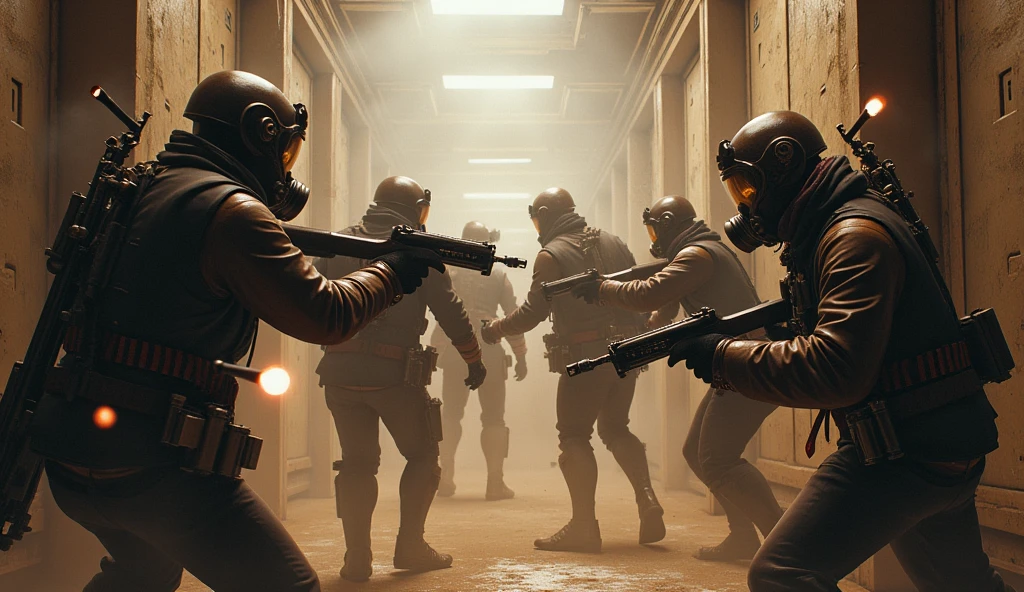 a corridor flanked by people trying to break into the place, they are wearing steampunk clothes and gas masks, the place is full of shots in the air along with a lot of dust