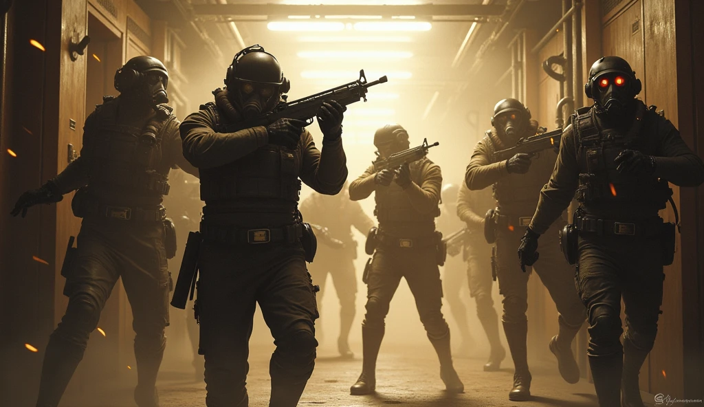 a corridor flanked by people trying to break into the place, they are wearing steampunk clothes and gas masks, the place is full of shots in the air along with a lot of dust