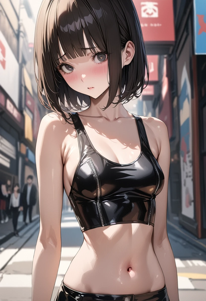 ((masterpiece,best quality anime,Highest quality:1.3)),realistic,upper body,1woman,(30 year old beauty),((very small head:1.4)),((very long body:1.4)),(short bob hair),black hair,(gorgeous big eyes),black eyes,shy,((slender body:1.4,skinny:1.3)),medium breasts(Punk Fashion、Navel exposed、Black tank top,Black leather mini skirt),oily skin,gleaming skin,shiny skin,standing,on street,New York City、nsfw,