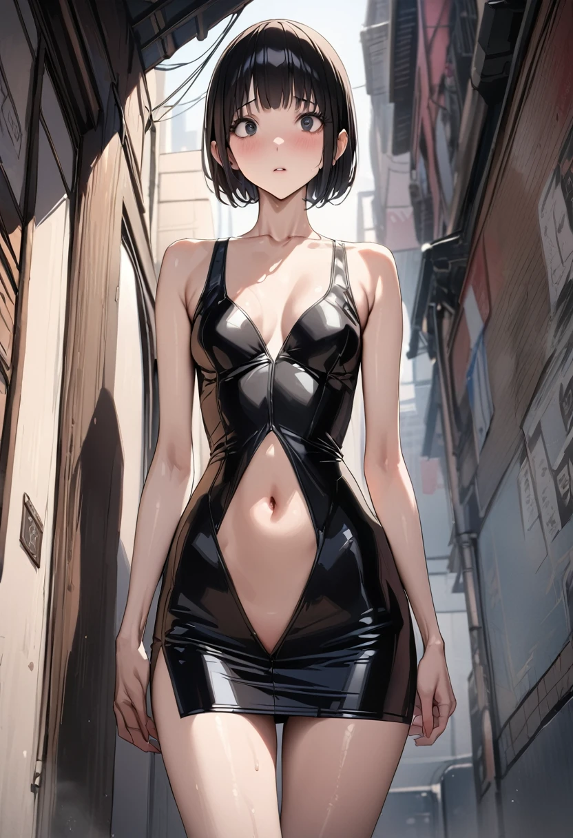 ((masterpiece,best quality anime,Highest quality:1.3)),realistic,upper body,1woman,(30 year old beauty),((very small head:1.4)),((very long body:1.4)),(short bob hair),black hair,(gorgeous big eyes),black eyes,shy,((slender body:1.4,skinny:1.3)),medium breasts(Punk Fashion、Navel exposed、Black tank top,Black leather mini skirt),oily skin,gleaming skin,shiny skin,standing,on street,New York City、nsfw,