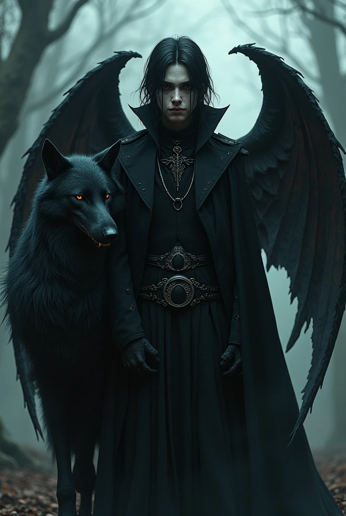 Dark wizard emo goth boy with bat wing and skeleton wing, he has vampire fangs and he has a dark wolf made of darkness that is always with him