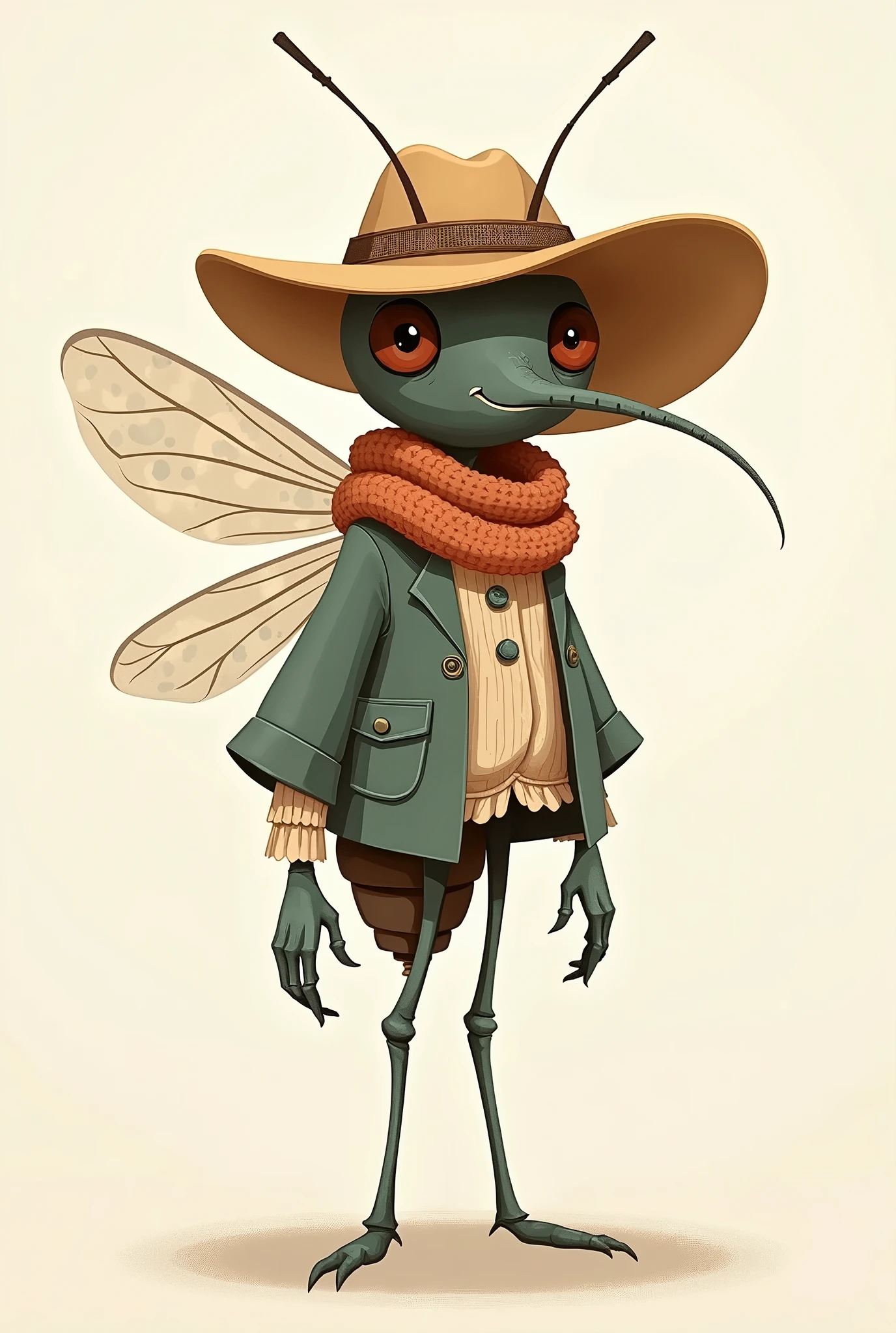 Drawing of a mosquito wearing a hat, scarf and blouse