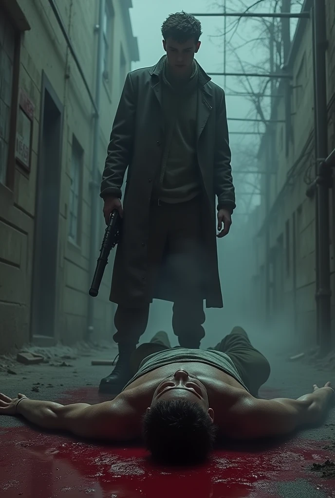 The Young Man with a -Caliber Gun in His Hand Killed a Man in His Revenge by Shooting Him in the Head. The Dead Man Died on the Ground in Blood. The Young Man Doesn't Go Over Him