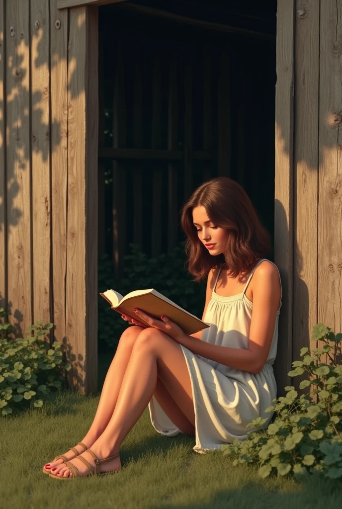 Show the young woman reading a book by the side of an old barn in a rural setting. She is dressed in casual 1980s attire like a sundress and sandals. Capture her in a peaceful pose with the barn casting deep shadows that frame her figure. Use warm, golden light to highlight her reading activity and the rustic surroundings.