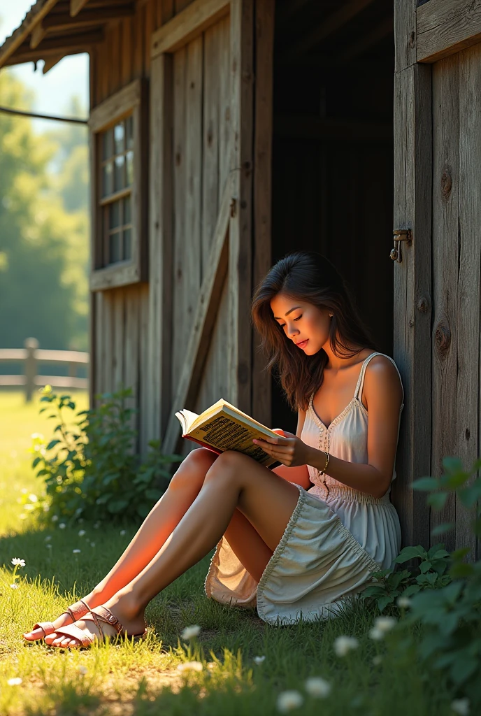 Show the young woman reading a book by the side of an old barn in a rural setting. She is dressed in casual 1980s attire like a sundress and sandals. Capture her in a peaceful pose with the barn casting deep shadows that frame her figure. Use warm, golden light to highlight her reading activity and the rustic surroundings.