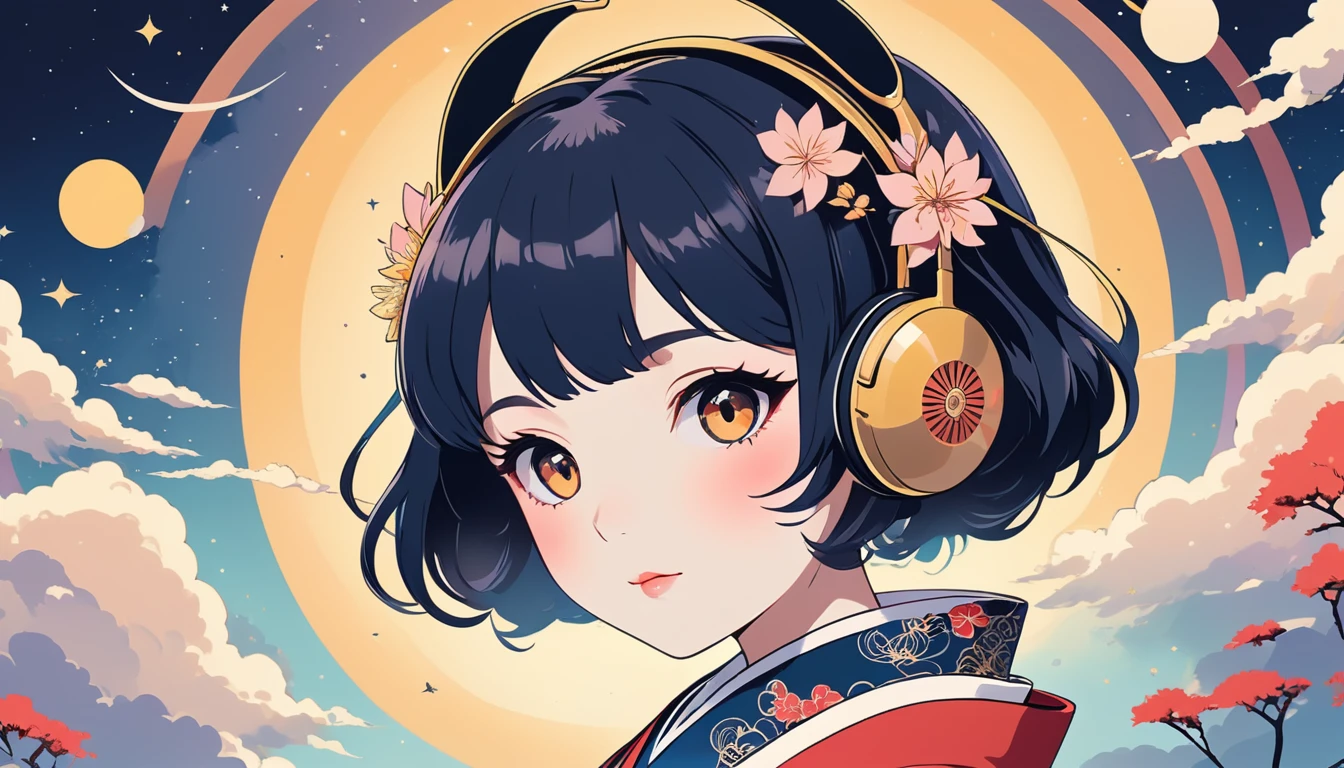Japanese style headphones、Oiran、fan、Wide-angle lens, Lofi Anime, Lofi illustration, Aesthetic atmosphere, Lo-Fi Style, Vector art, Flat Design, Simple shape, Warm tones, Pleasant atmosphere, Chill, In anime style, Digital drawing, Vector art, Vector logo for t-shirt printing, (Adorable:1.5), (small:1.4), (Playful:1.2), (soft:1.3), (Whimsical:1.1), masterpiece, Highest quality, 8k, Intricate details, grow, Celestial, Mysterious, Picturesque, amazing, Majestic, Magic, Fantasy art, Cover art, dream-like